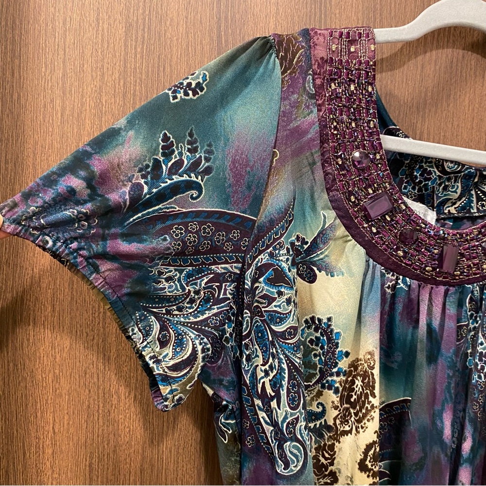DRESSBARN Y2K Paisley Smocked Blouse Size 1X Beaded Embroidered Mesh Neckline - Picture 5 of 11